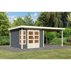 Karibu  Blockbohlenhaus Kastorf 6 terragrau mit Anbaudach