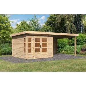 Karibu  Blockbohlenhaus Kastorf 6 naturbelassen mit Anbaudach und Rückwand