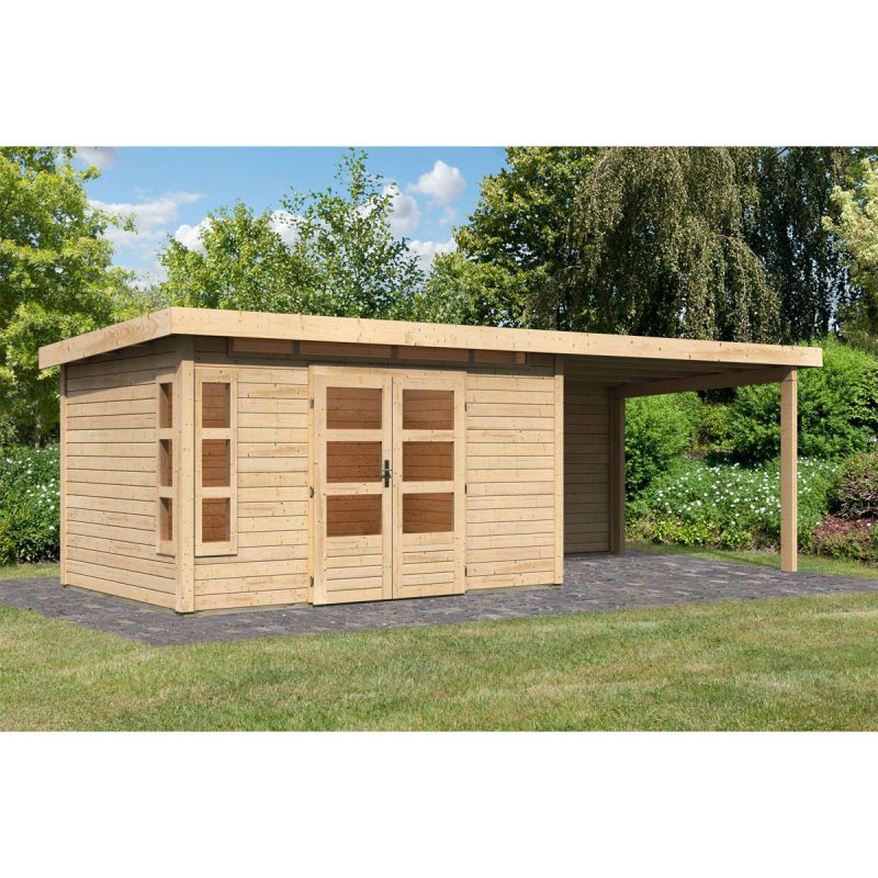 Karibu  Blockbohlenhaus Kastorf 7 naturbelassen mit Anbaudach und Rückwand