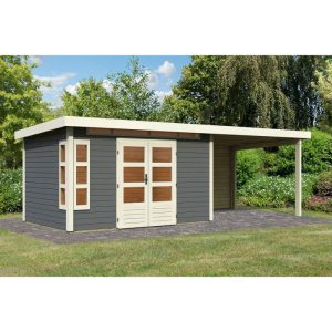 Karibu Blockbohlenhaus Kastorf 7 terragrau mit Anbaudach und Rückwand Karibu Blockbohlenhaus Kastorf 7 terragrau mit Anbaudach und Rückwand