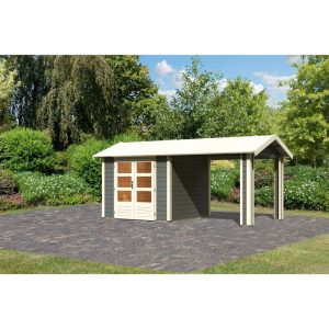 Karibu Blockbohlenhaus Theres 3 terragrau mit Dachausbauelement Karibu Blockbohlenhaus Theres 3 terragrau mit Dachausbauelement