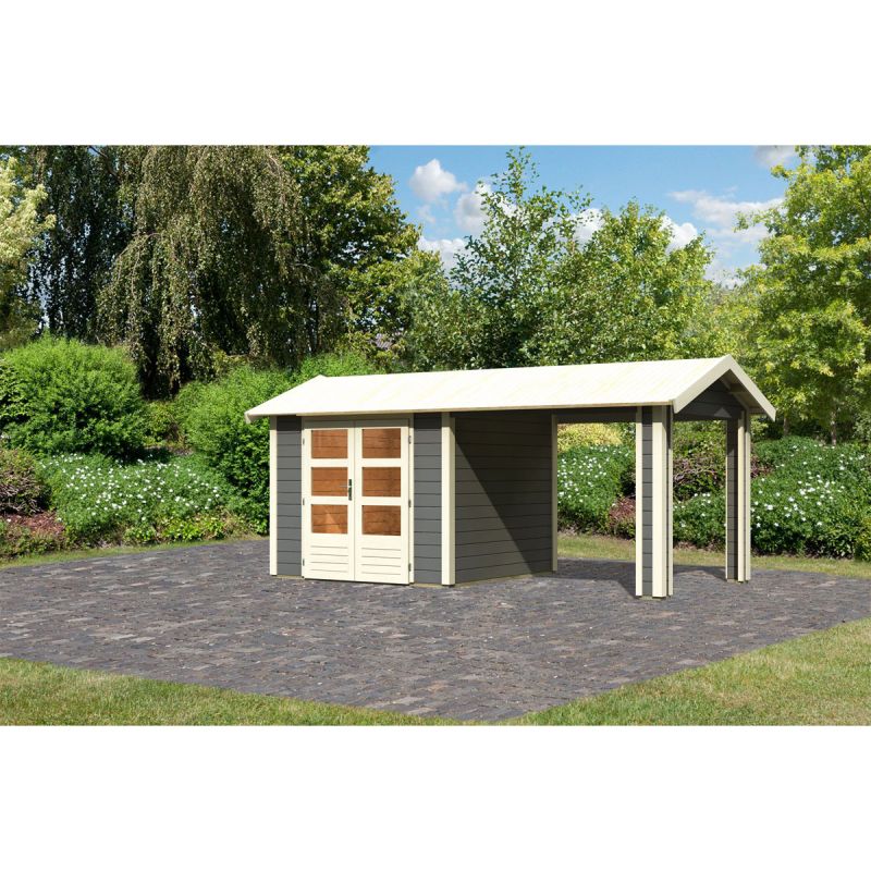Karibu  Blockbohlenhaus Theres 3 terragrau mit Dachausbauelement