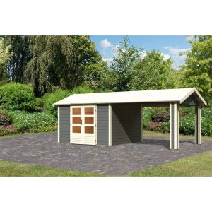 Karibu Blockbohlenhaus Theres 7 terragrau mit Dachausbauelement Karibu Blockbohlenhaus Theres 7 terragrau mit Dachausbauelement