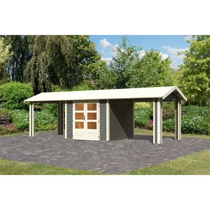 Karibu Blockbohlenhaus Theres 3 terragrau mit 2 Dachausbauelementen Karibu Blockbohlenhaus Theres 3 terragrau mit 2 Dachausbauelementen