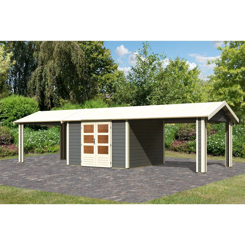Karibu  Blockbohlenhaus Theres 7 terragrau mit 2 Dachausbauelementen