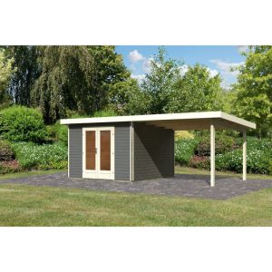 Karibu Blockbohlenhaus Radeburg 1 terragrau mit Anbaudach Karibu Blockbohlenhaus Radeburg 1 terragrau mit Anbaudach