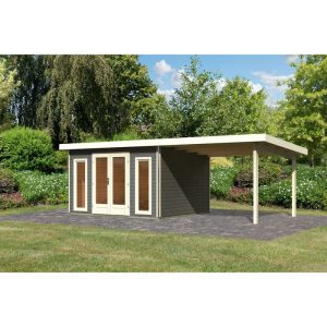 Karibu Blockbohlenhaus Radeburg 2 terragrau mit Anbaudach Karibu Blockbohlenhaus Radeburg 2 terragrau mit Anbaudach