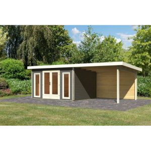 Karibu Blockbohlenhaus Radeburg 2 terragrau mit Anbaudach und Rückwand Karibu Blockbohlenhaus Radeburg 2 terragrau mit Anbaudach und Rückwand