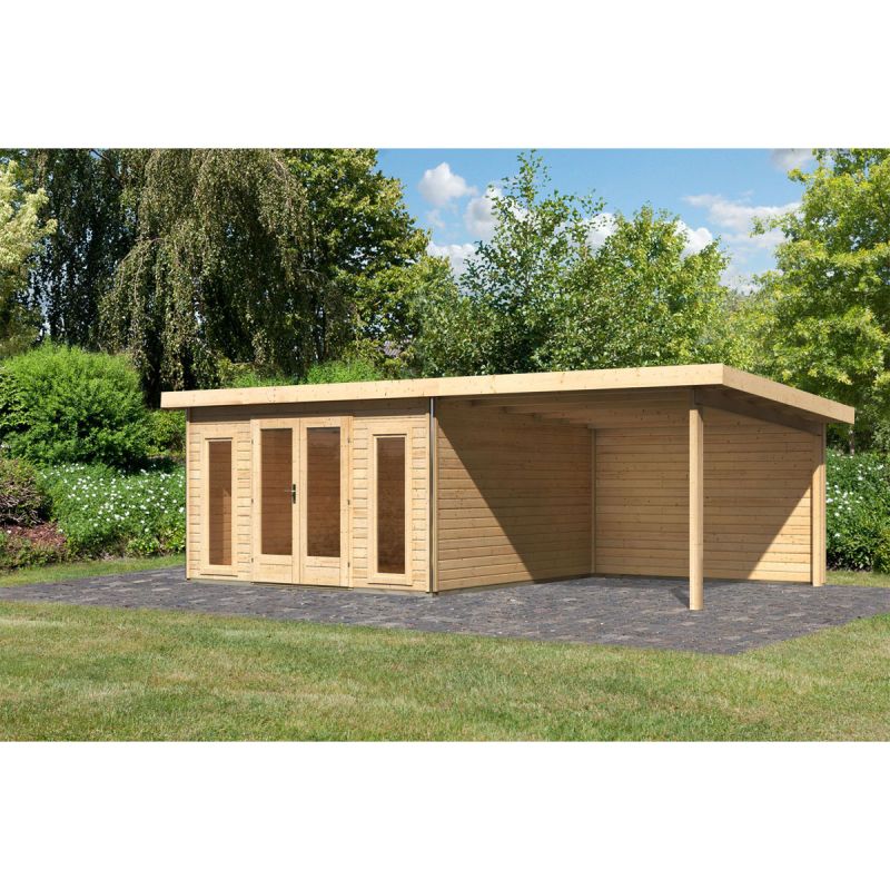 Karibu  Blockbohlenhaus Radeburg 3 naturbelassen mit Anbaudach und Rückwand