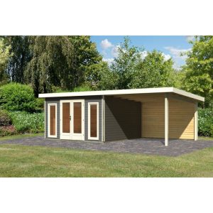 Karibu Blockbohlenhaus Radeburg 3 terragrau mit Anbaudach und Rückwand Karibu Blockbohlenhaus Radeburg 3 terragrau mit Anbaudach und Rückwand