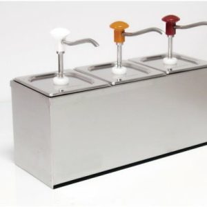SCHNEIDER Saucenspender / Dosierspender aus Edelstahl mit Druckkonpf und 3 GN-Behältern SCHNEIDER Saucenspender / Dosierspender aus Edelstahl mit Druckkonpf und 3 GN-Behältern