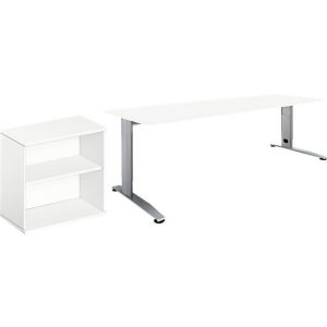2 tlg. Büromöbel-Set Schäfer Shop Select Login, Schreibtisch, B 1600 mm, weiß/weißaluminium RAL 9006 + Anstell-/Aufsatz-Regal 2OH in Weiß 2 tlg. Büromöbel-Set Schäfer Shop Select Login, Schreibtisch, B 1600 mm, weiß/weißaluminium RAL 9006 + Anstell-/Aufsatz-Regal 2OH in Weiß