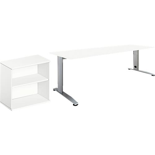 2 tlg. Büromöbel-Set Schäfer Shop Select Login, Schreibtisch, B 1600 mm, weiß/weißaluminium RAL 9006 + Anstell-/Aufsatz-Regal 2OH in Weiß