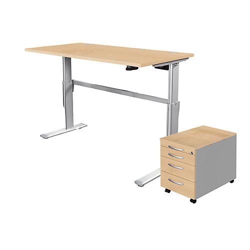 2-tlg. Büromöbel-Set, Schreibtisch STANDARD, elektrisch höhenverstellbar, Ahorn/weißaluminium RAL 9006