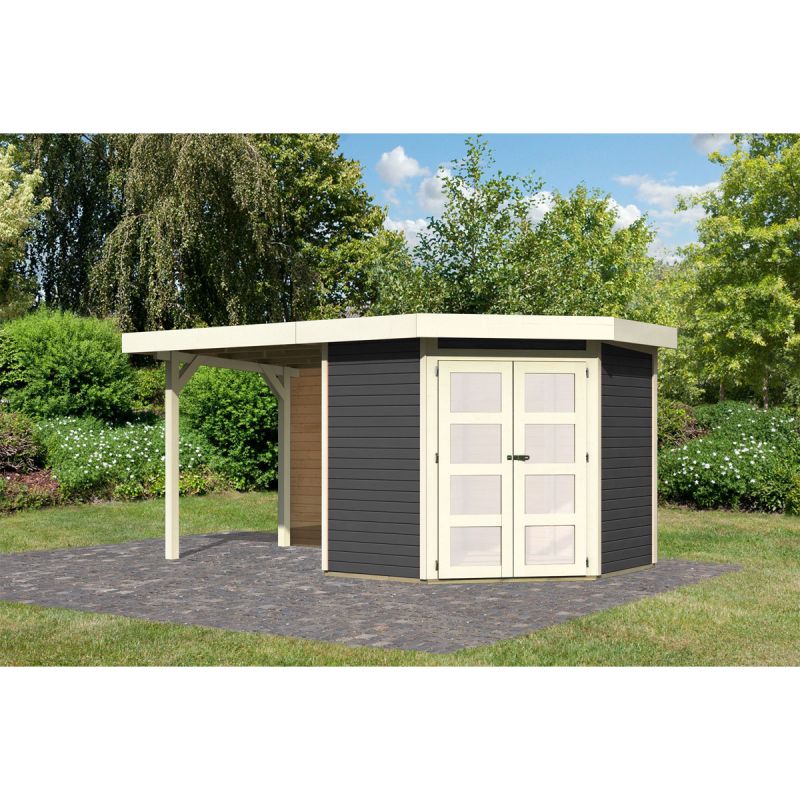 Karibu  Gartenhaus Goldendorf 3 terragrau mit Anbaudach und Rückwand