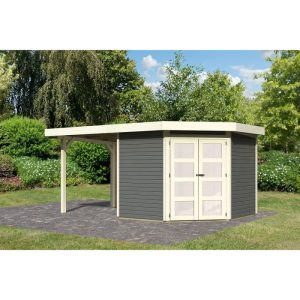 Karibu Gartenhaus Goldendorf 5 terragrau mit Anbaudach und Rückwand Karibu Gartenhaus Goldendorf 5 terragrau mit Anbaudach und Rückwand