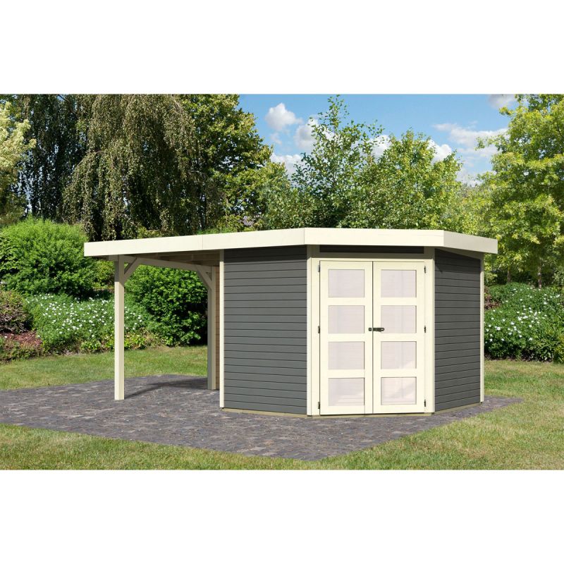 Karibu  Gartenhaus Goldendorf 5 terragrau mit Anbaudach und Rückwand