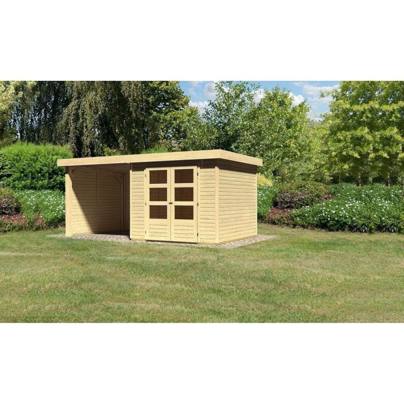 Karibu Gartenhaus Askola mit Anbaudach 225 cm und Seiten-/Rückwand naturbelassen 238 x 242 x 211 cm