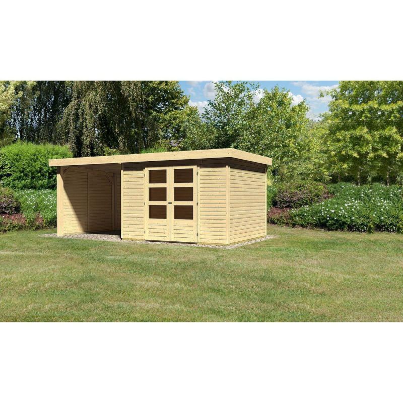 Karibu Gartenhaus Askola mit Anbaudach 225 cm und Seiten-/Rückwand naturbelassen 302 x 246 x 211 cm