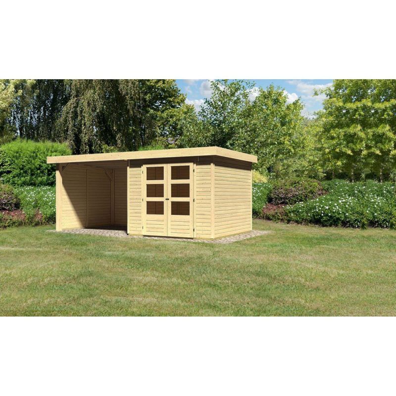 Karibu Gartenhaus Askola mit Anbaudach 265 cm und Seiten-/Rückwand naturbelassen 497 x 211 x 242 cm