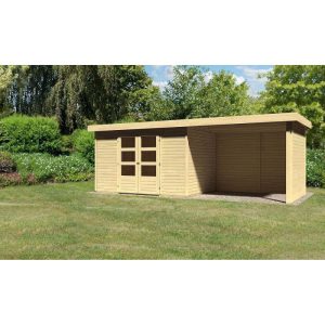 Karibu Gartenhaus Askola mit Anbaudach 265 cm und Seiten-/Rückwand naturbelassen 557 x 217 x 218 cm
