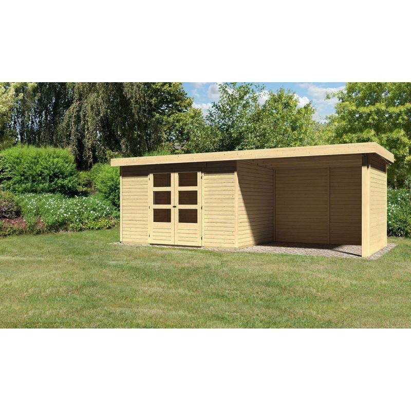 Karibu Gartenhaus Askola mit Anbaudach 265 cm und Seiten-/Rückwand naturbelassen 557 x 217 x 218 cm