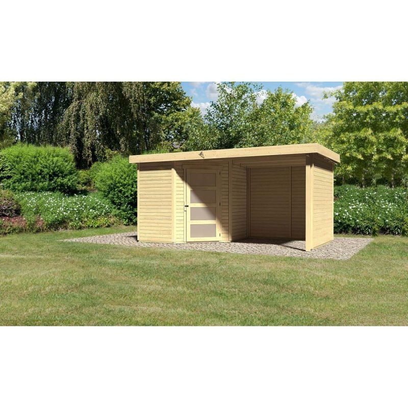 Karibu Gartenhaus Schwandorf 3/5 mit Anbaudach 220 cm und Seiten-/Rückwand 213 x 217 x 218 cm braun
