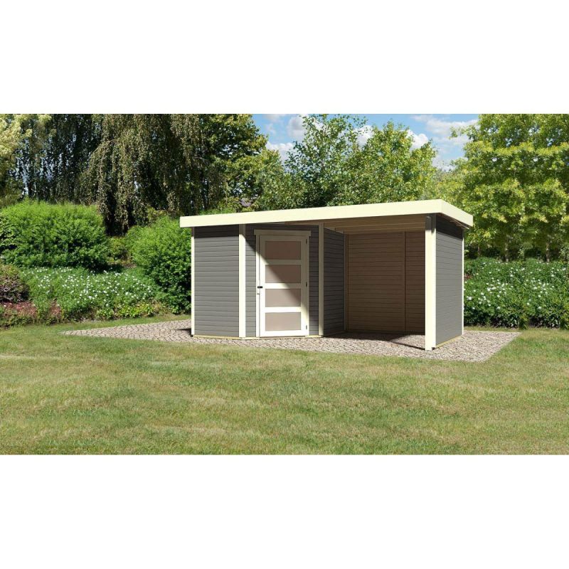 Karibu Gartenhaus Schwandorf 3/5 mit Anbaudach 220 cm und Seiten-/Rückwand 433 x 217 x 218 cm grau