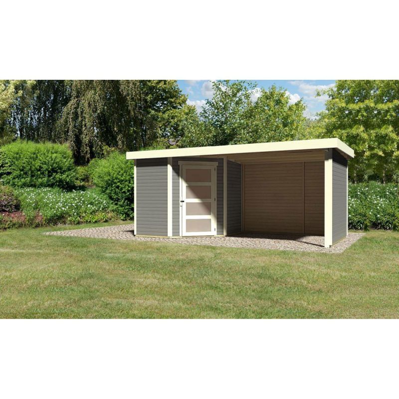 Karibu Gartenhaus Schwandorf 3/5 mit Anbaudach 260 cm und Seiten-/Rückwand 213 x 217 x 218 cm grau
