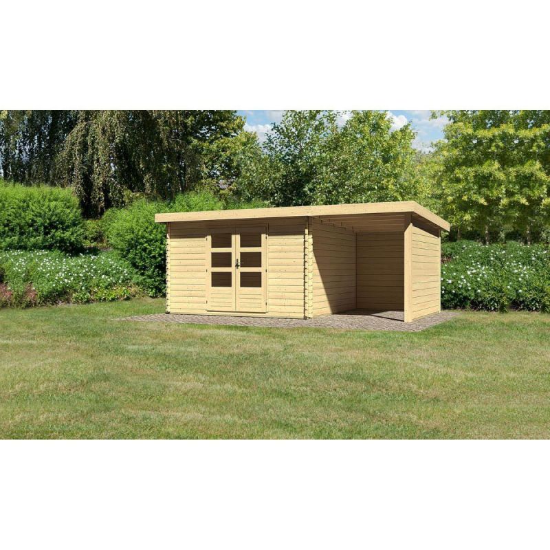Karibu Gartenhaus Bastrup mit Schleppdach 200 cm und Seiten-/Rückwand naturbelassen 357 x 297 x 222 cm