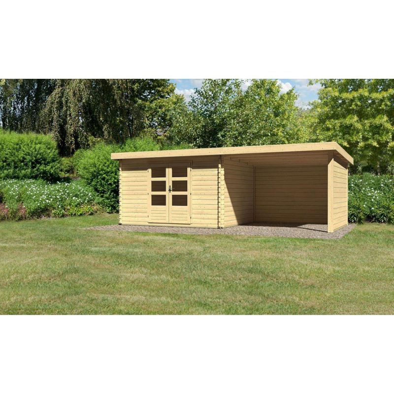 Karibu Gartenhaus Bastrup mit Schleppdach 300 cm und Seiten-/Rückwand naturbelassen 357 x 297 x 222 cm