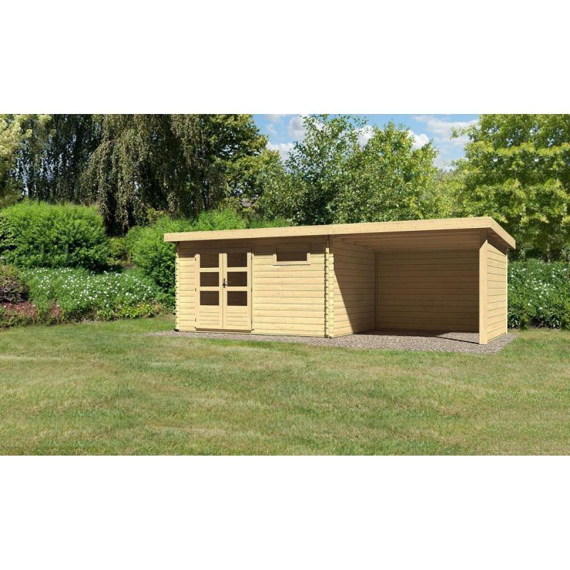 Karibu Gartenhaus Bastrup mit Schleppdach 300 cm und Seiten-/Rückwand naturbelassen 387 x 297 x 222 cm