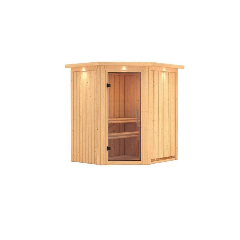 Karibu Sauna Taurin Eckeinstieg ohne Ofen mit Kranz Klarglas-Tür