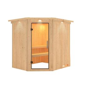 Karibu Sauna Siirin Eckeinstieg ohne Ofen mit Kranz Klarglas-Tür