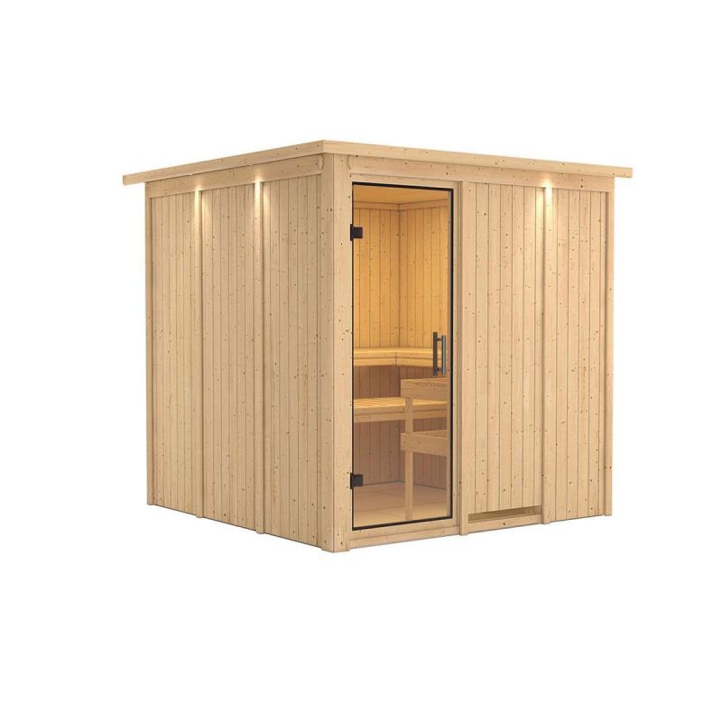 Karibu Sauna Rodin Fronteinstieg ohne Ofen mit Kranz Klarglas-Tür