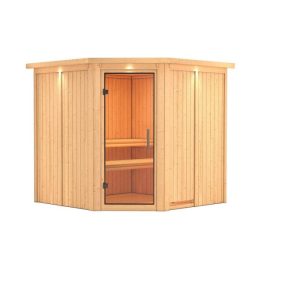 Karibu Sauna Jarin Eckeinstieg ohne Ofen mit Kranz Klarglas-Tür