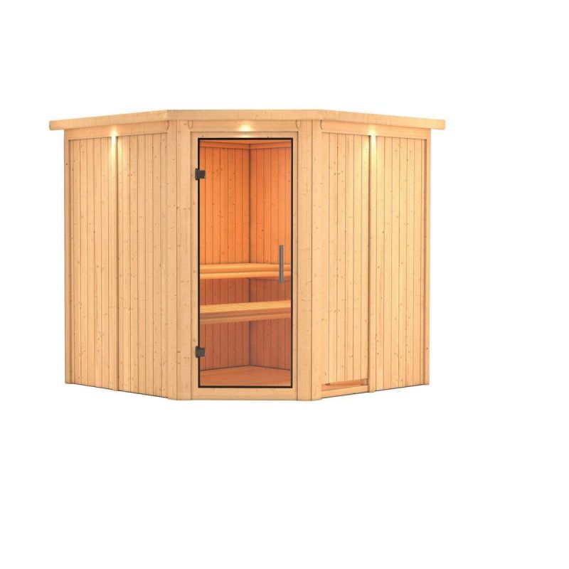 Karibu Sauna Jarin Eckeinstieg ohne Ofen mit Kranz Klarglas-Tür