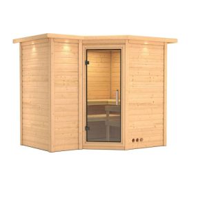 Karibu Sauna Sahib 2 Eckeinstieg ohne Ofen mit Kranz Klarglas-Tür
