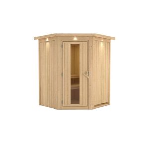 Karibu Sauna Nanja Eckeinstieg ohne Ofen mit Kranz Energiespartür