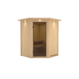 Karibu Sauna Nanja Eckeinstieg ohne Ofen mit Kranz graphitfarbene Glastür