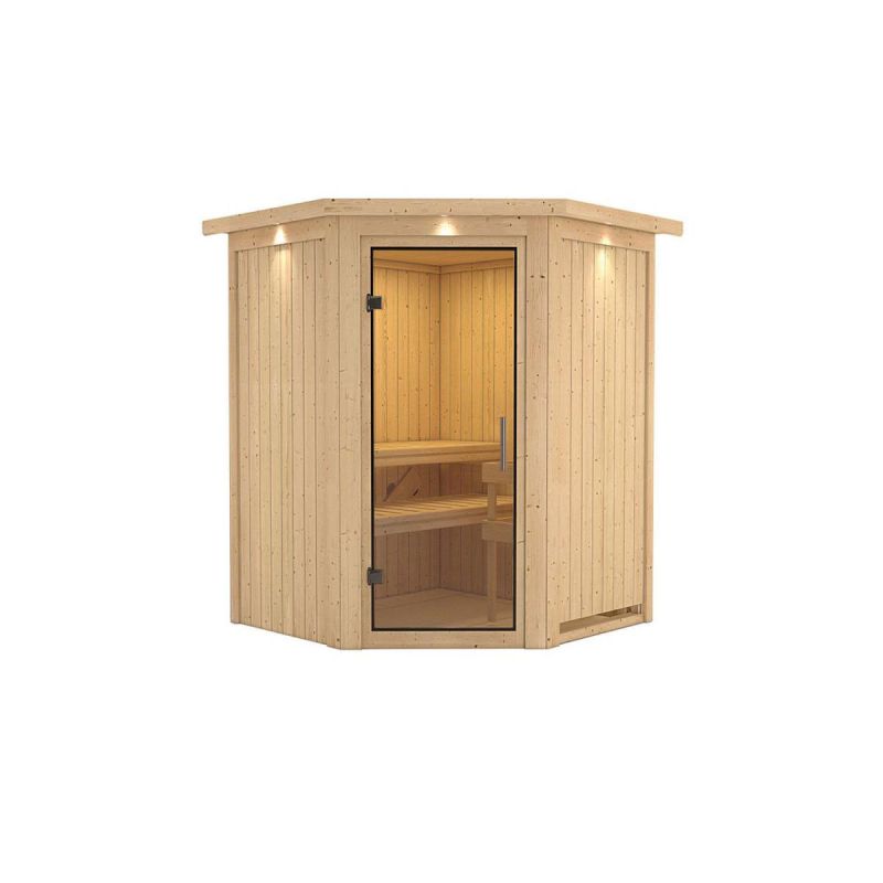 Karibu Sauna Nanja Eckeinstieg ohne Ofen mit Kranz Klarglas-Tür