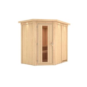 Karibu Sauna Saja Eckeinstieg ohne Ofen mit Kranz Energiespartür