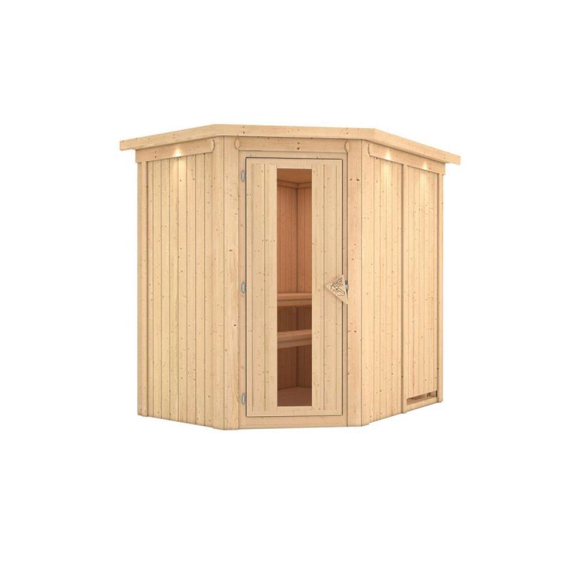 Karibu Sauna Saja Eckeinstieg ohne Ofen mit Kranz Energiespartür