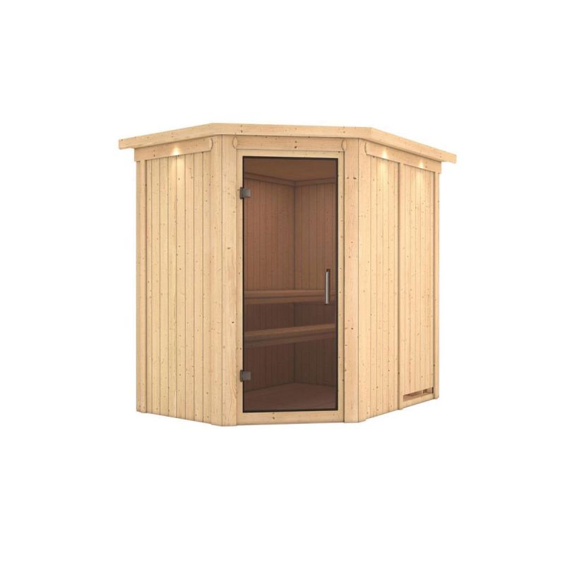 Karibu Sauna Saja Eckeinstieg ohne Ofen mit Kranz graphitfarbene Glastür