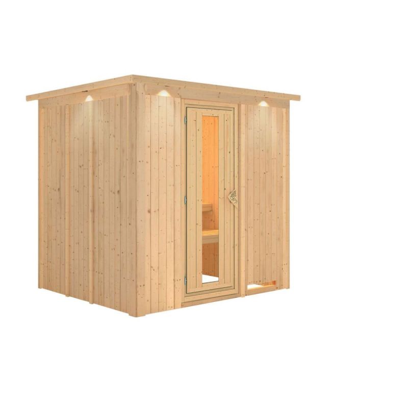 Karibu Sauna Daria Fronteinstieg ohne Ofen mit Kranz Energiespartür
