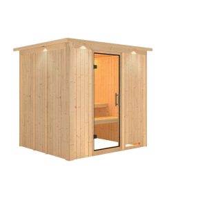 Karibu Sauna Daria Fronteinstieg ohne Ofen mit Kranz Klarglas-Tür