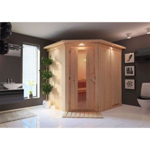 Karibu Sauna Lilja Eckeinstieg ohne Ofen mit Kranz Energiespartür