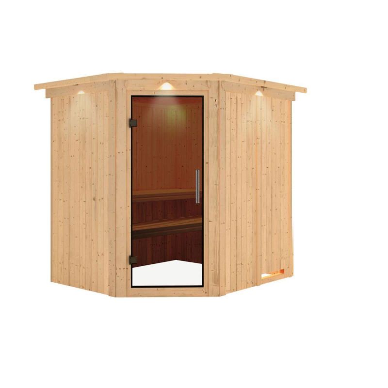 Karibu Sauna Lilja Eckeinstieg ohne Ofen mit Kranz graphitfarbene Glastür