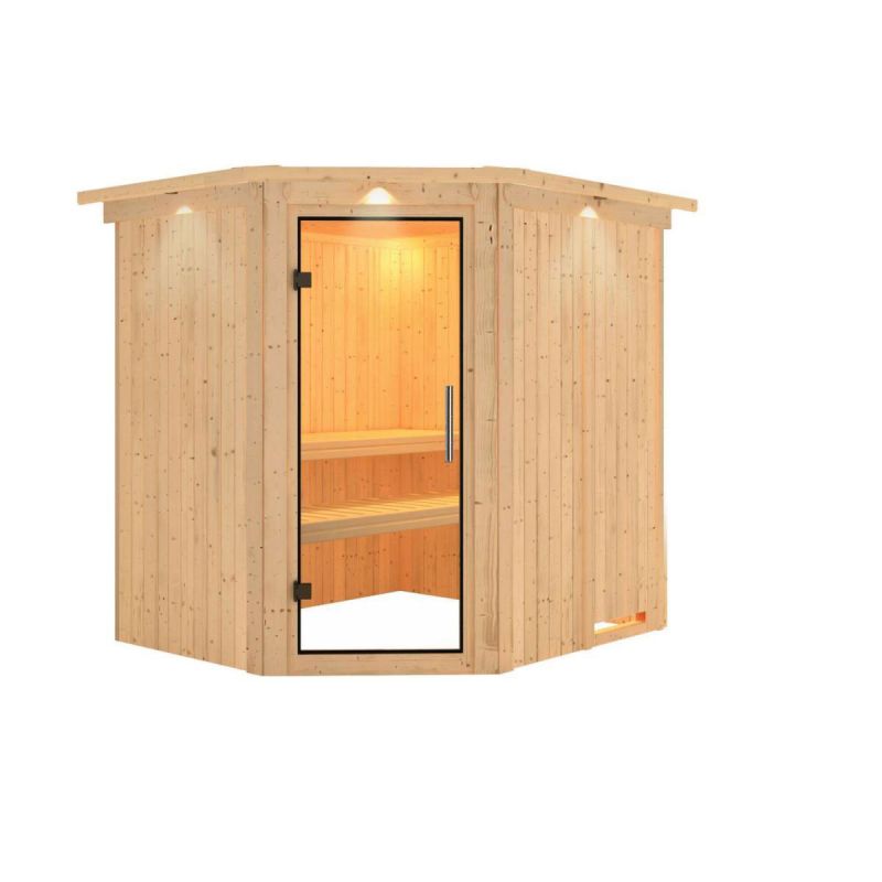 Karibu Sauna Lilja Eckeinstieg ohne Ofen mit Kranz Klarglas-Tür