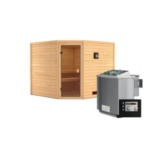 Karibu Sauna Leona Eckeinstieg 9 kW Bio Ofen externe Strg modern kein Kranz bronzierte Glastür